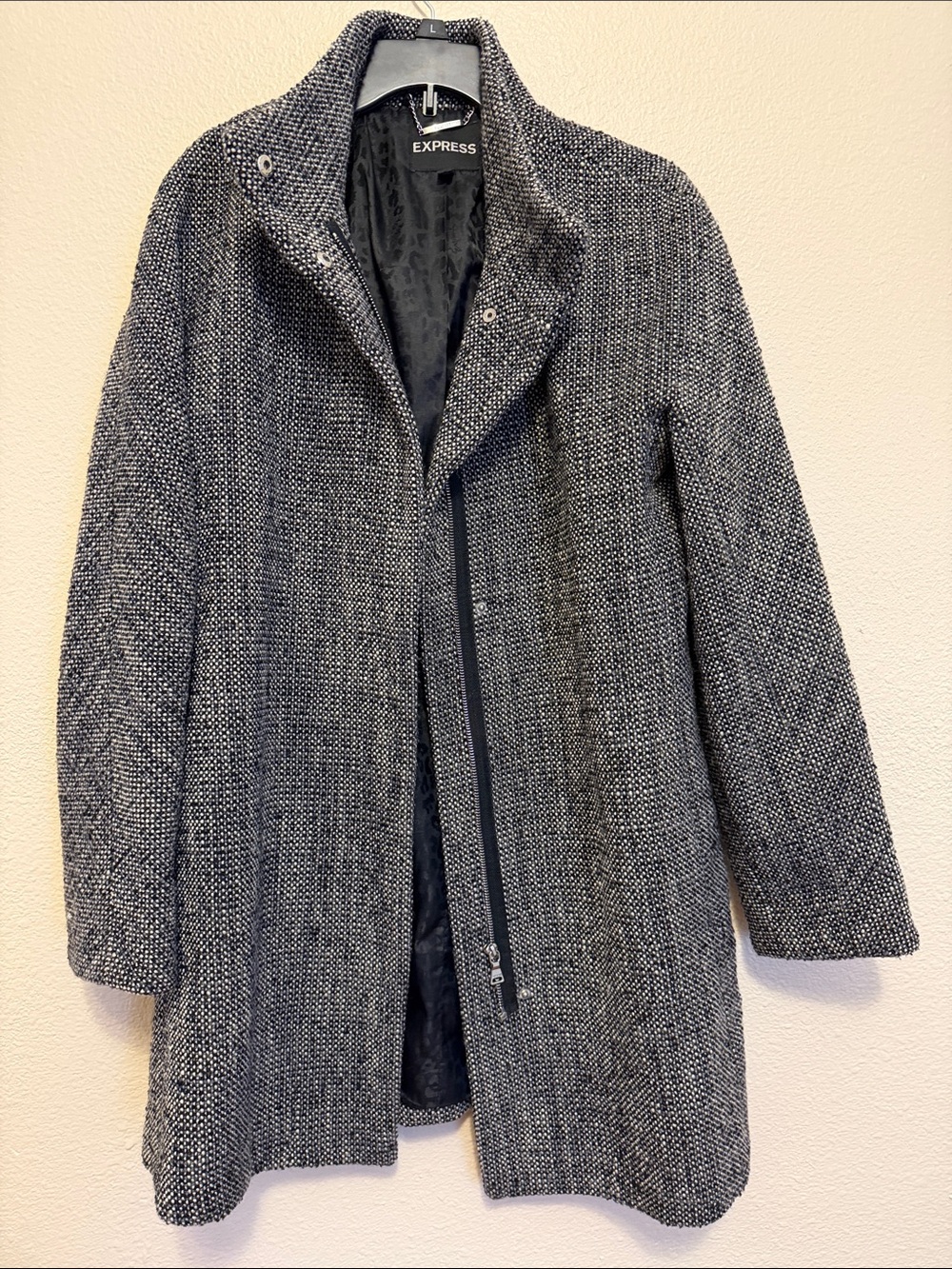 Express Women's Black & Gray Tweed Zip-Front Pea Coat